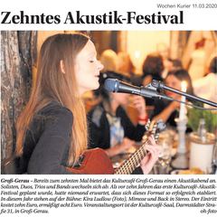 Zeitungsartikel „Zehntes Akustik-Festival“ im Wochen Kurier, 11.03.2020